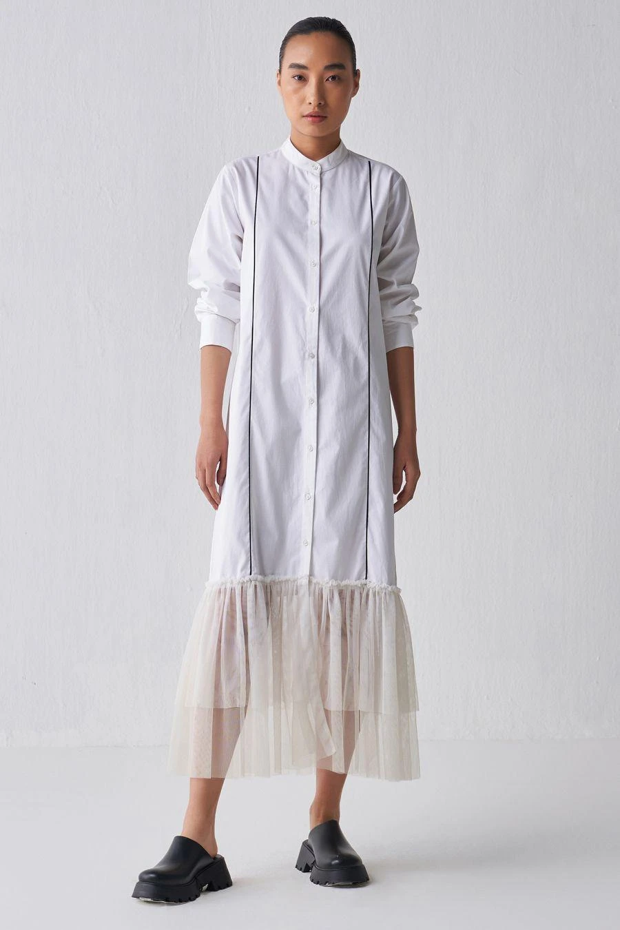 Three White Gathered Hem Shirt Dress 1 Three White Gathered Hem Shirt Dress