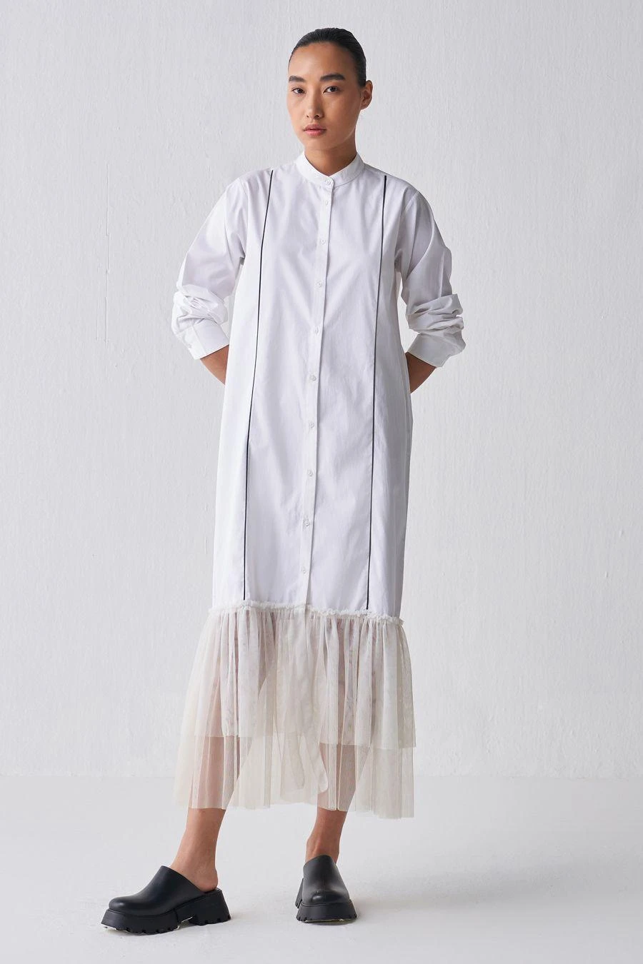 Three White Gathered Hem Shirt Dress 2 Three White Gathered Hem Shirt Dress - Image 2