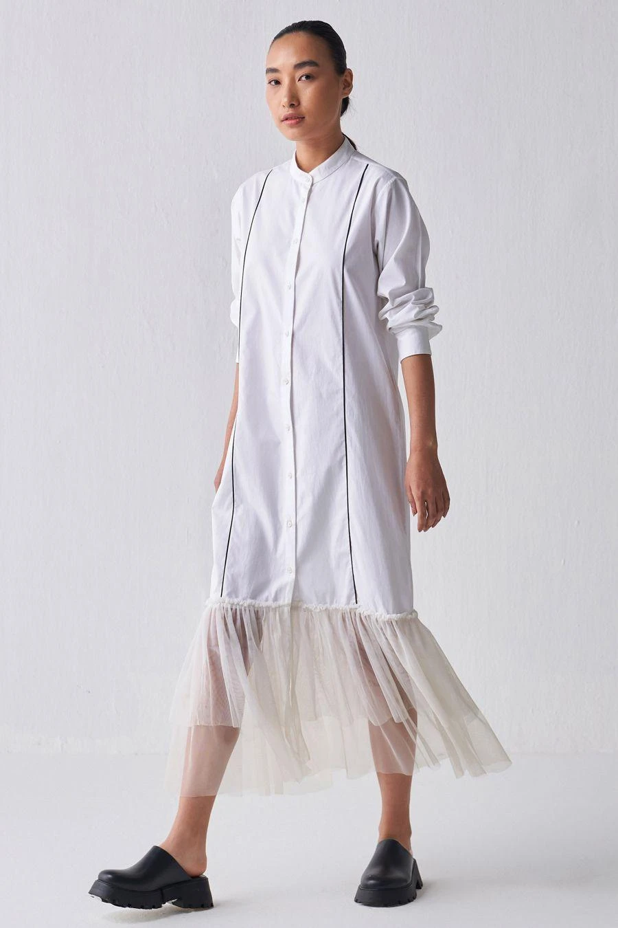 Three White Gathered Hem Shirt Dress 3 Three White Gathered Hem Shirt Dress - Image 3