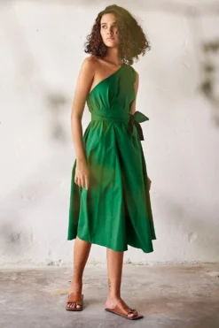 Khara Kapas Dark Green Poplin One Shoulder Dress -Inca Clothing Shop 19923kk15 3