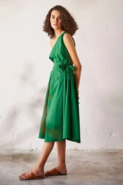 Khara Kapas Dark Green Poplin One Shoulder Dress -Inca Clothing Shop 19923kk15 4