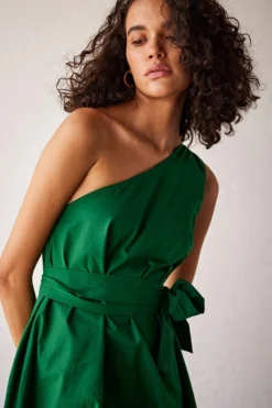 Khara Kapas Dark Green Poplin One Shoulder Dress -Inca Clothing Shop 19923kk15 5