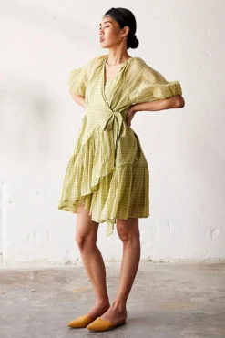 Khara Kapas Pear Green Cotton Wrap Dress -Inca Clothing Shop 19923kk4 3