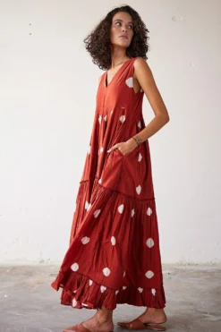 Khara Kapas Brick Red Tie Dyed Maxi Dress -Inca Clothing Shop 19923kk44 3