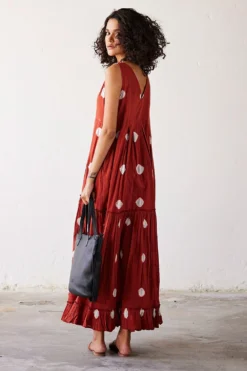 Khara Kapas Brick Red Tie Dyed Maxi Dress -Inca Clothing Shop 19923kk44 4