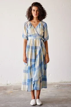 Khara Kapas Blue Checkered Wrap Dress