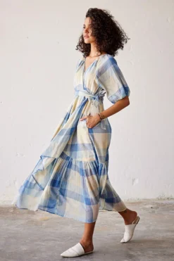 Khara Kapas Blue Checkered Wrap Dress -Inca Clothing Shop 19923kk50 3