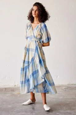 Khara Kapas Blue Checkered Wrap Dress -Inca Clothing Shop 19923kk50 4
