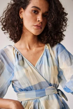 Khara Kapas Blue Checkered Wrap Dress -Inca Clothing Shop 19923kk50 7