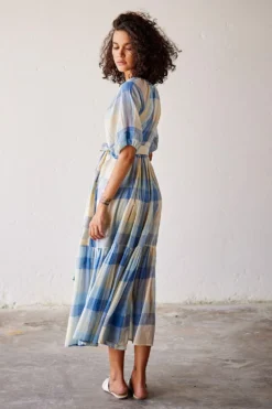 Khara Kapas Blue Checkered Wrap Dress -Inca Clothing Shop 19923kk50 8