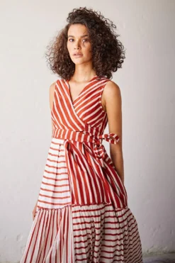 Khara Kapas Brick Red And Off White Striped Mul Dress -Inca Clothing Shop 19923kk52 3
