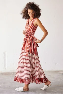 Khara Kapas Brick Red And Off White Striped Mul Dress -Inca Clothing Shop 19923kk52 4