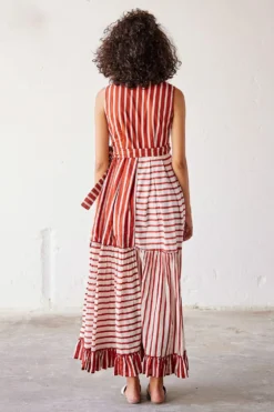 Khara Kapas Brick Red And Off White Striped Mul Dress -Inca Clothing Shop 19923kk52 5