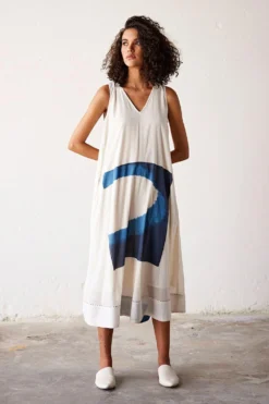 Khara Kapas Off White And Blue Mul Midi Dress