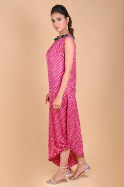 Fuchsia Pink One Shoulder Bandhni Kaftan Dress -Inca Clothing Shop 1slknot1 3