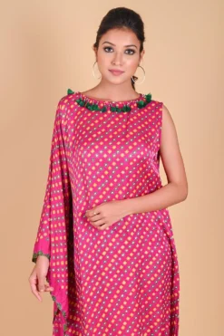 Fuchsia Pink One Shoulder Bandhni Kaftan Dress -Inca Clothing Shop 1slknot1 4