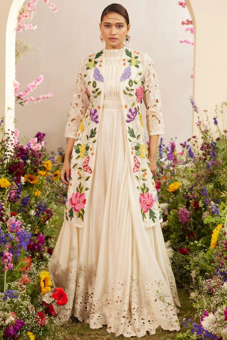 Chandrima Ivory Ruched And Cutwork Maxi Dress 1 Chandrima Ivory Ruched And Cutwork Maxi Dress