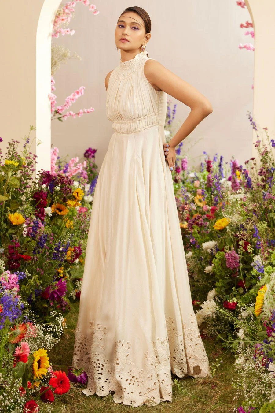 Chandrima Ivory Ruched And Cutwork Maxi Dress 2 Chandrima Ivory Ruched And Cutwork Maxi Dress - Image 2