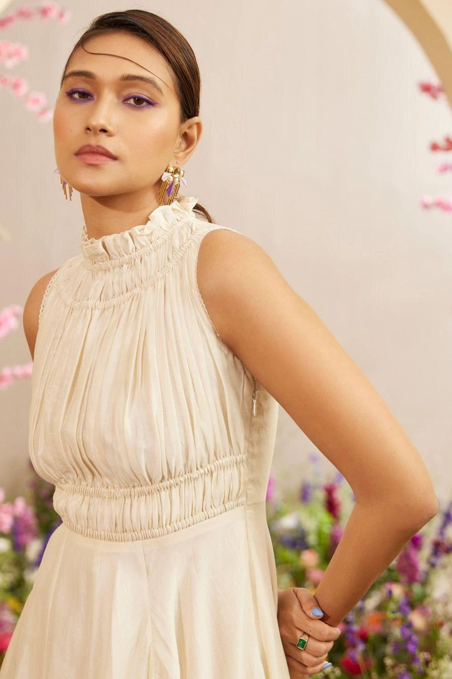 Chandrima Ivory Ruched And Cutwork Maxi Dress 3 Chandrima Ivory Ruched And Cutwork Maxi Dress - Image 3