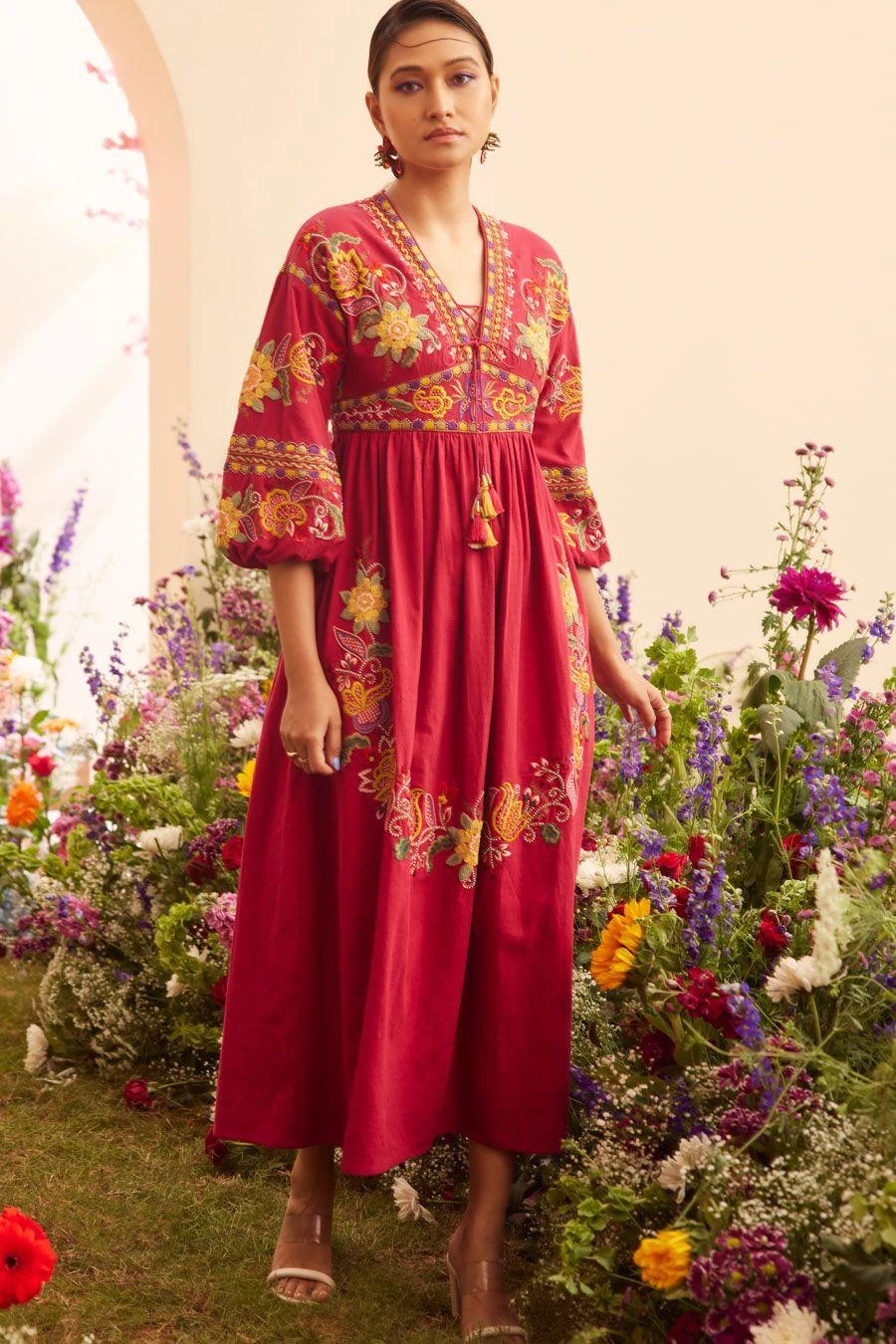 Chandrima Fuchsia Threadwork Midi Dress 1 Chandrima Fuchsia Threadwork Midi Dress