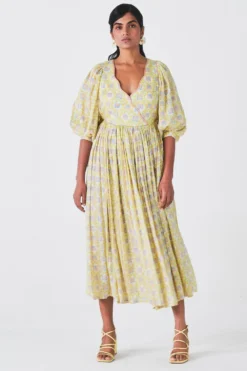 Little Things Yellow Printed Dress With Balloon Sleeves