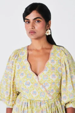 Little Things Yellow Printed Dress With Balloon Sleeves -Inca Clothing Shop 209lt1 3 1