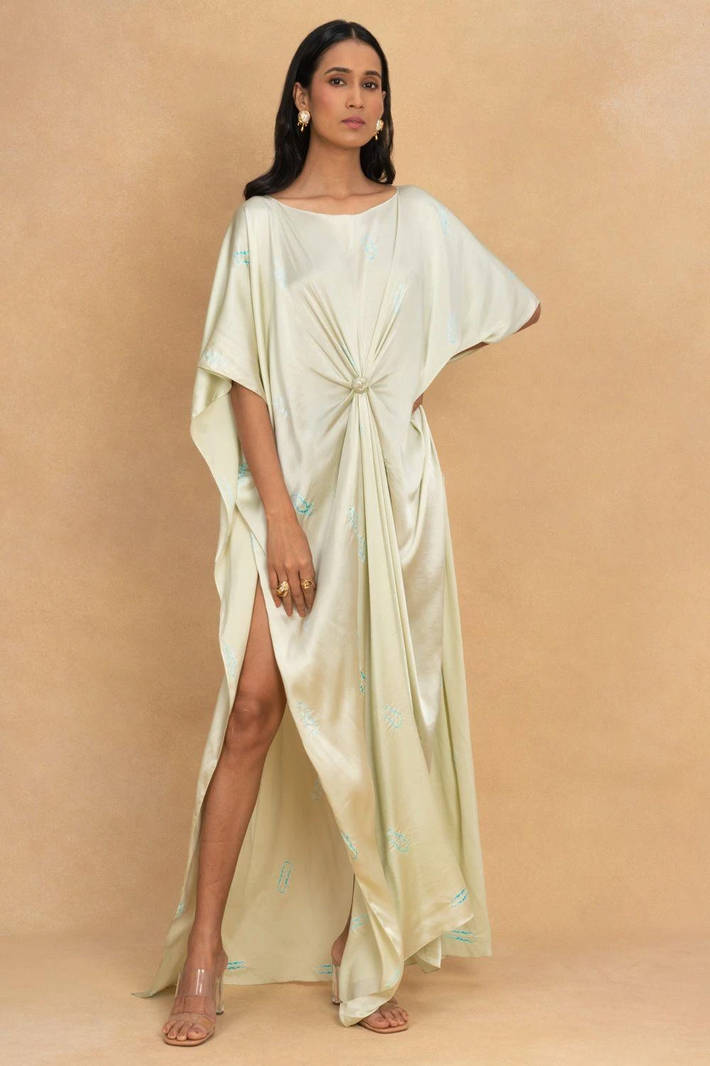 Stephany Beige Front Knot Kaftan Dress 1 Stephany Beige Front Knot Kaftan Dress