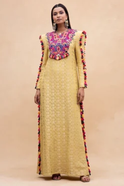 Payal Singhal Yellow Embroidered Dress With Multicolour Tassels