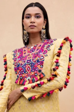 Payal Singhal Yellow Embroidered Dress With Multicolour Tassels -Inca Clothing Shop 232pys3 4