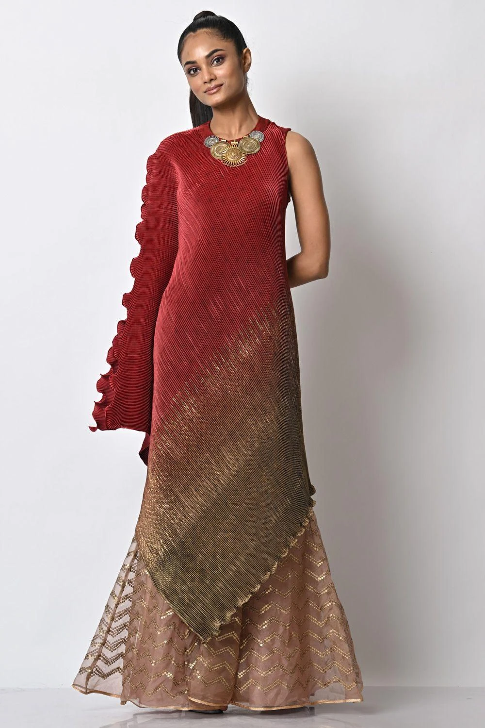 Kiran Uttam Ghosh Red Ombre Pleated Draped Dress 1 Kiran Uttam Ghosh Red Ombre Pleated Draped Dress