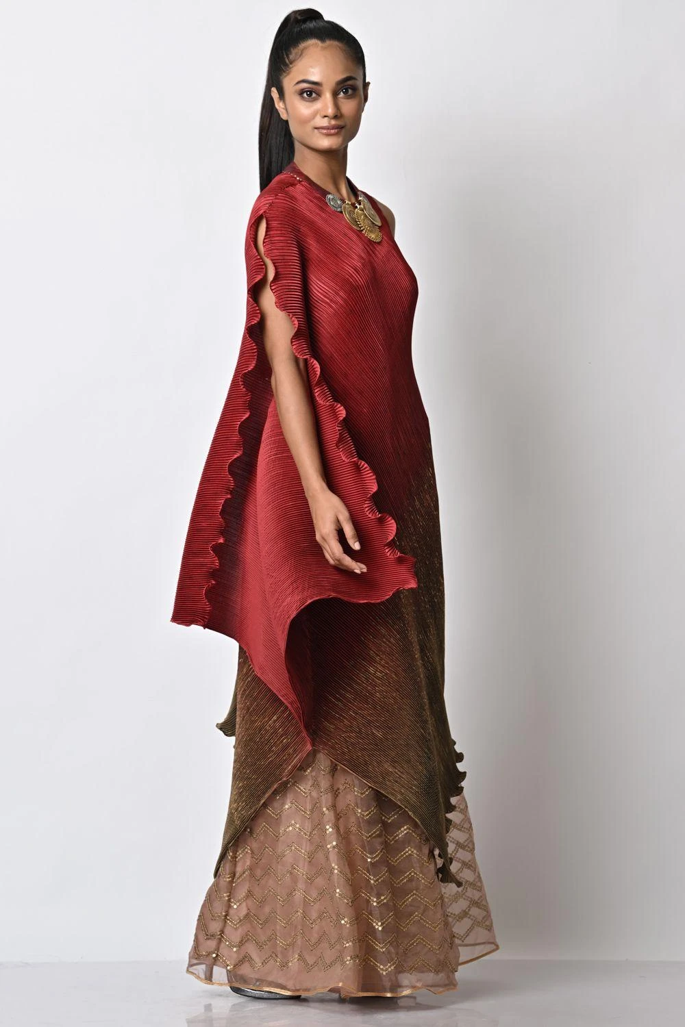 Kiran Uttam Ghosh Red Ombre Pleated Draped Dress 2 Kiran Uttam Ghosh Red Ombre Pleated Draped Dress - Image 2