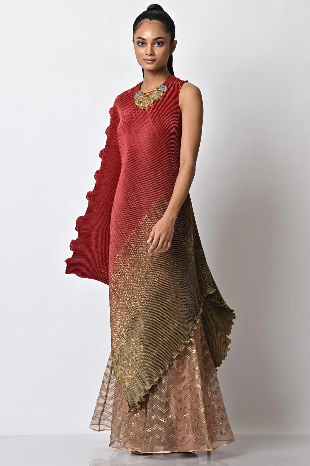 Kiran Uttam Ghosh Red Ombre Pleated Draped Dress 3 Kiran Uttam Ghosh Red Ombre Pleated Draped Dress - Image 3