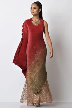 Kiran Uttam Ghosh Red Ombre Pleated Draped Dress 7 Kiran Uttam Ghosh Red Ombre Pleated Draped Dress -Inca Clothing Shop 23523kug16 4