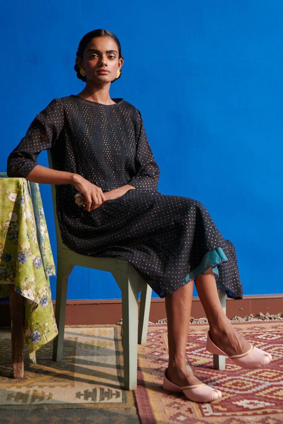 Indigene Black & Teal Pintucked Dress 1 Indigene Black & Teal Pintucked Dress