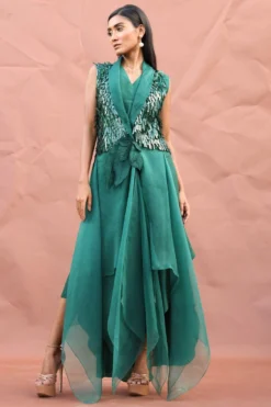 Richa Khemka Green Tassel Wrap Jacket & Dress