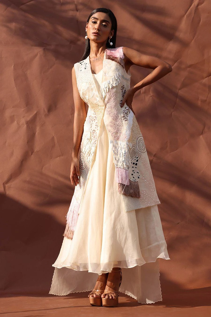 Richa Khemka Ivory Tassel Forrest Jacket And Midi Dress 1 Richa Khemka Ivory Tassel Forrest Jacket And Midi Dress