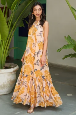 Varun Bahl Pret Yellow Floral Halter Neck Dress