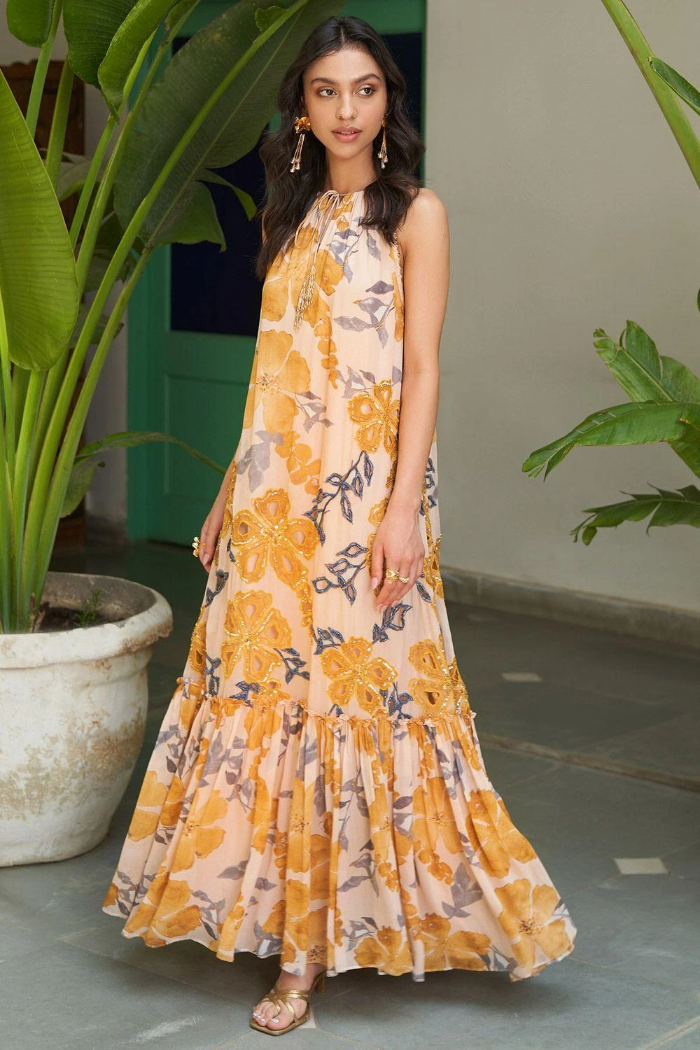 Varun Bahl Pret Yellow Floral Halter Neck Dress 1 Varun Bahl Pret Yellow Floral Halter Neck Dress