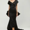 Gauri & Nainika Black Off Shoulder Duchess Satin Dress