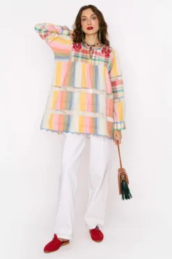 Rara Avis Yellow Rainbow Striped Hand Embellished Dress