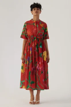 YAM Red Botanical Printed Gathered Dress