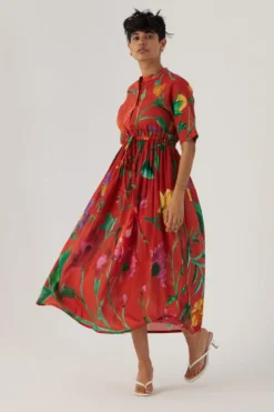 YAM Red Botanical Printed Gathered Dress -Inca Clothing Shop 26623yam10 3