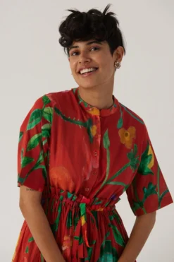 YAM Red Botanical Printed Gathered Dress -Inca Clothing Shop 26623yam10 4