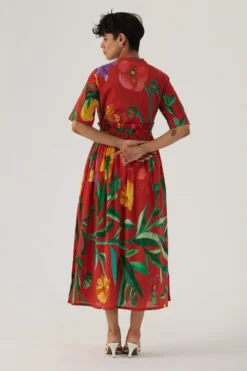 YAM Red Botanical Printed Gathered Dress -Inca Clothing Shop 26623yam10 5