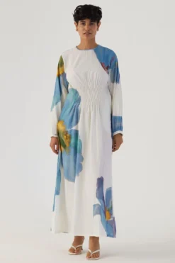 YAM Blue Poppies Pintucked Dress