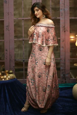 SVA Pink Off-shoulder Cape With An Attached Dress