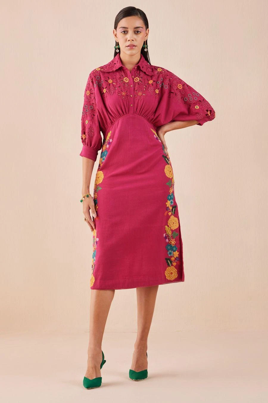 Chandrima Fuchsia Applique And Beadwork Kimono Dress 1 Chandrima Fuchsia Applique And Beadwork Kimono Dress
