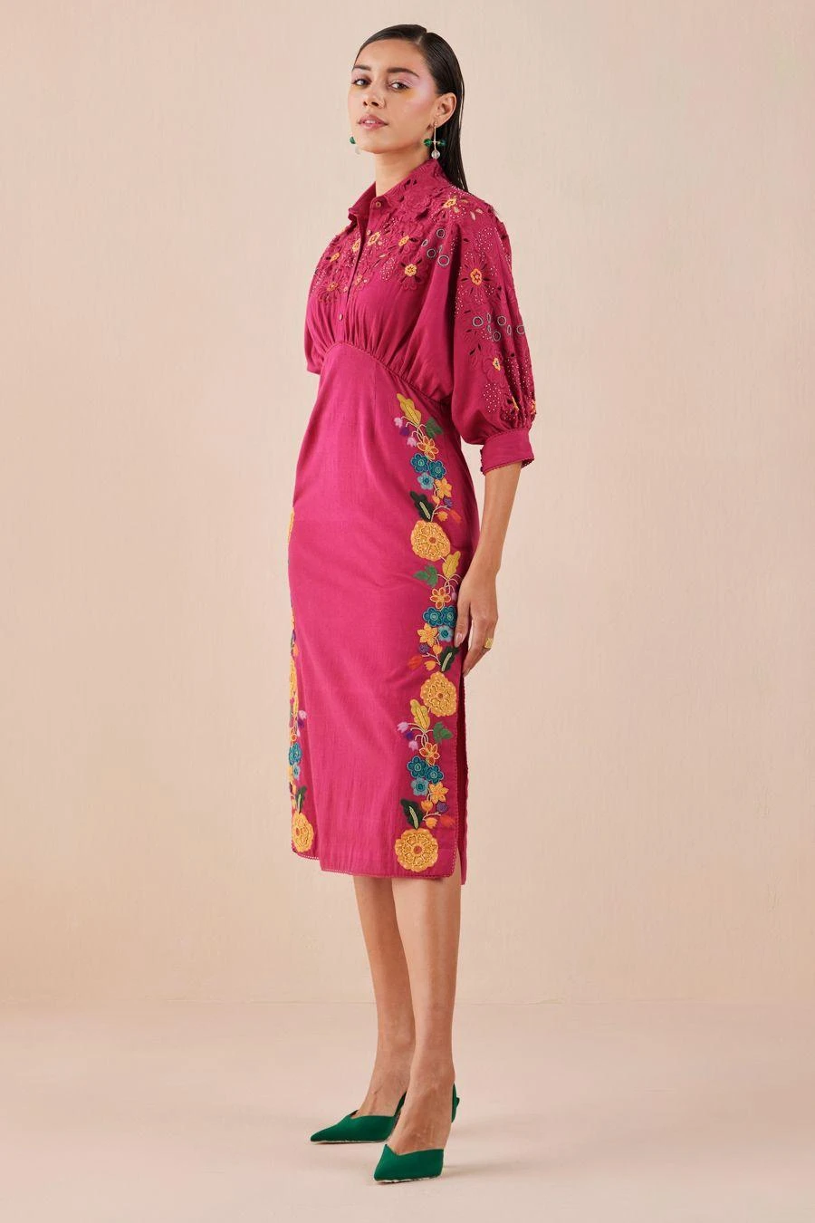 Chandrima Fuchsia Applique And Beadwork Kimono Dress 2 Chandrima Fuchsia Applique And Beadwork Kimono Dress - Image 2