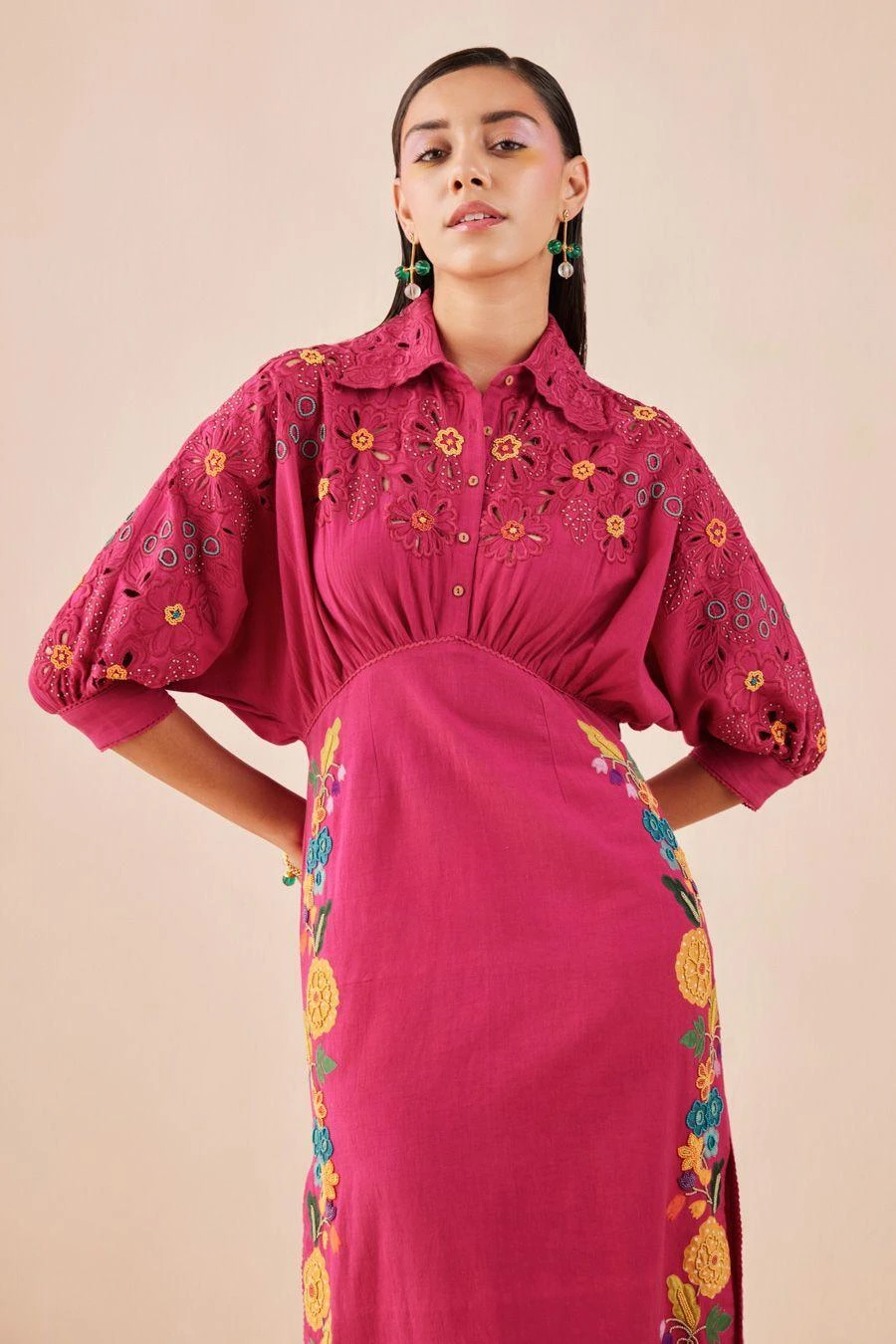 Chandrima Fuchsia Applique And Beadwork Kimono Dress 3 Chandrima Fuchsia Applique And Beadwork Kimono Dress - Image 3