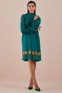 Chandrima Green Applique And Ruched Dress